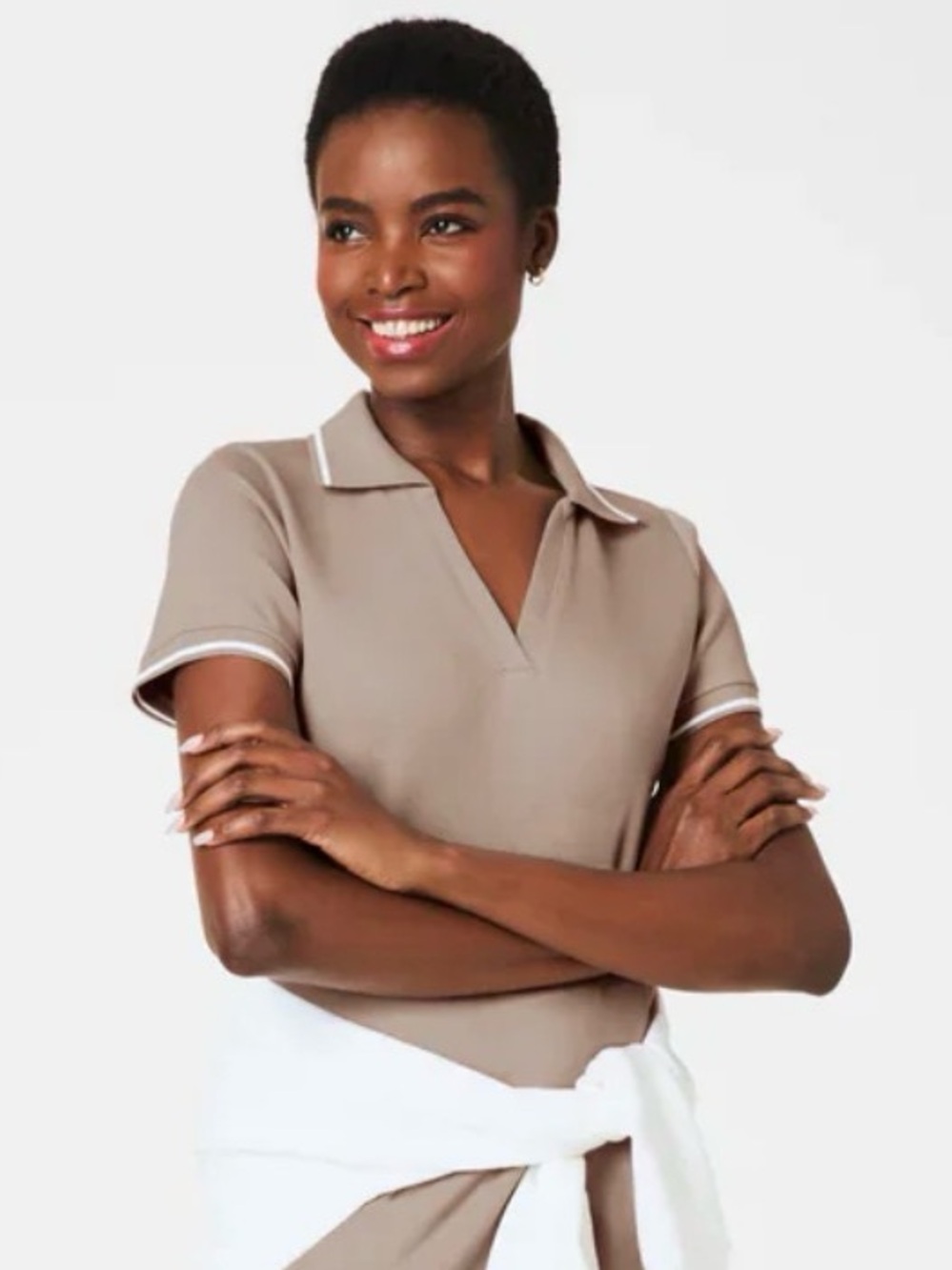 SPANX Women's AirEssentials Pique Polo Taupe Short Sleeve Collared Top Size M - Picture 2 of 8